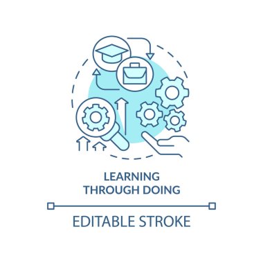 Turkuaz konsept ikonu yaparak öğreniyorum. Bilgiyi uygula. Soyut fikir ince çizgi illüstrasyonunu öğreniyorum. İzole bir taslak çizim. Düzenlenebilir felç. Arial, Myriad Pro-Kalın yazı tipleri