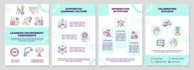 Çevre turkuaz broşür şürü öğreniliyor. Çizgisel simgeli broşür tasarımı. Sunum için düzenlenebilir 4 vektör düzeni, yıllık raporlar. Arial-Black, Kullanılan Myriad Pro-Normal yazı tipleri