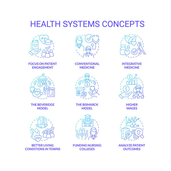Health systems blue gradient concept icons set. Healthcare transformation idea thin line color illustrations. Integrative medicine. Isolated symbols. Roboto-Medium, Myriad Pro-Bold fonts used
