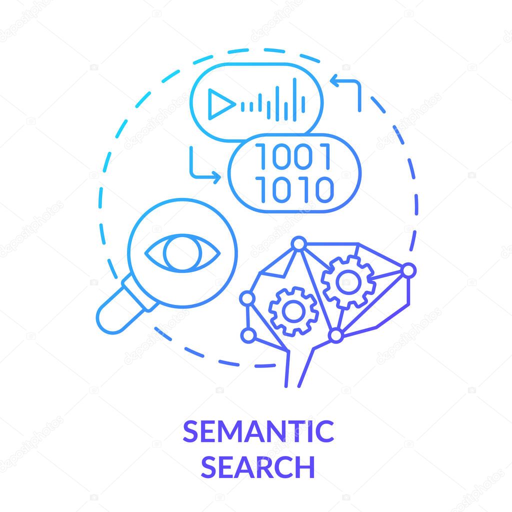 Semantic search blue gradient concept icon. Relevant and appropriate results. Search engine optimization abstract idea thin line illustration. Isolated outline drawing. Myriad Pro-Bold font used