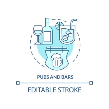 Barlar ve barlar turkuaz konsept ikonu. Gıda endüstrisi soyut fikir ince çizgi çizimi. Alkollü içki servisi. İzole bir taslak çizim. Düzenlenebilir felç. Arial, Myriad Pro-Kalın yazı tipleri