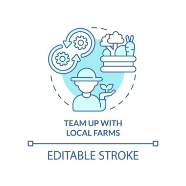 Yerel çiftliklerle takım olun. Turkuaz konsept ikonu. Benzersiz restoran işi soyut fikir ince çizgi çizimi. İzole bir taslak çizim. Düzenlenebilir felç. Arial, Myriad Pro-Kalın yazı tipleri