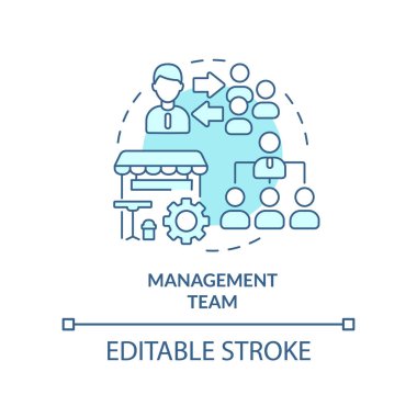 Yönetim ekibi turkuvaz konsept ikonu. Restoran personeli soyut fikir ince çizgi çizimi. İdari görevler. İzole bir taslak çizim. Düzenlenebilir felç. Arial, Myriad Pro-Kalın yazı tipleri