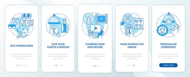 Alışılmadık yemek deneyimleri seyyar uygulama ekranında mavi renkte. Doğrusal kavramlarla düzenlenebilir grafik yönergelerini 5 adımda gezdir. UI, UX, GUI şablonu. Kullanılan sayısız Pro-Kalın, Düzenli yazı tipleri