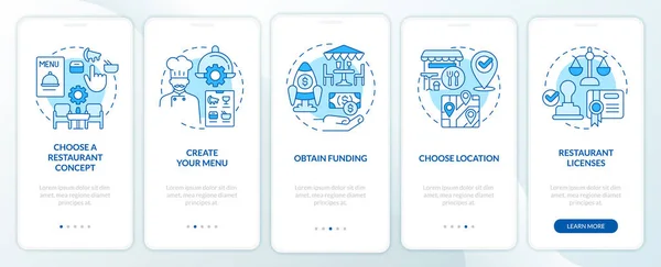 Spuštění Restaurace Kroky Modrý Onboarding Mobilní Aplikace Obrazovce Procházka Kroků — Stockový vektor