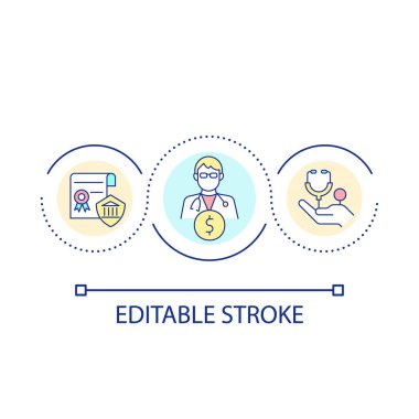 Pratisyen hekimlerin maaşı konsept ikonu. Tıbbi profesyonellere ek ödemeler soyut fikir ince çizgili resimlere. İzole bir taslak çizim. Düzenlenebilir felç. Kullanılan Arial yazı tipi