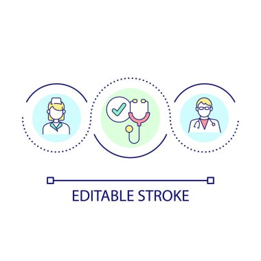 Nitelikli doktorlar ve hemşireler döngü ikonu. Eğitimli tıp uzmanları soyut fikirler ince çizgiler çiziyor. Yüksek vasıflı işçiler. İzole bir taslak çizim. Düzenlenebilir felç. Kullanılan Arial yazı tipi