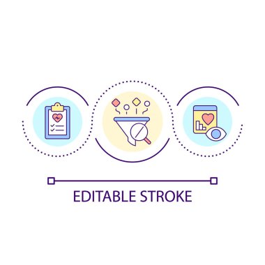 Tıbbi veri toplama ve analiz döngüsü konsepti simgesi. Hasta sonuçlarını geliştirmek soyut fikir ince çizgi çizimi. Öngörü modeli. İzole bir taslak çizim. Düzenlenebilir felç. Kullanılan Arial yazı tipi