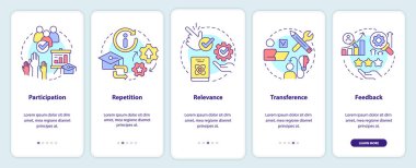 Mobil uygulama ekranındaki öğrenciler için öğrenme ilkeleri. Doğrusal kavramlarla düzenlenebilir grafik yönergelerini 5 adımda gezdir. UI, UX, GUI şablonu. Kullanılan sayısız Pro-Kalın, Düzenli yazı tipleri