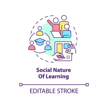 Konsept simgesini öğrenmenin sosyal doğası. Sınıf takım çalışması. Soyut fikirlerin ince çizgi çizimlerini öğrenme prensibi. İzole bir taslak çizim. Düzenlenebilir felç. Arial, Myriad Pro-Kalın yazı tipleri