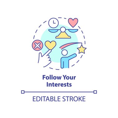 İlgi alanınızın konsept simgesini izleyin. Seni neyin heyecanlandırdığını öğren. Tekniği öğrenmek soyut fikir ince çizgi çizimi. İzole bir taslak çizim. Düzenlenebilir felç. Arial, Myriad Pro-Kalın yazı tipleri