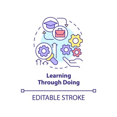 Konsept simgesi yaparak öğreniyorum. Bilgiyi uygula. Soyut fikir ince çizgi çizimlerini öğrenme prensibi. İzole bir taslak çizim. Düzenlenebilir felç. Arial, Myriad Pro-Kalın yazı tipleri