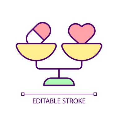 Tamamlayıcı tıp RGB renk simgesi. Farklı tedavilerle yaklaşmak. İlaçlar ve fizik tedavi. İzole vektör çizimi. Basit bir çizgi çizimi. Düzenlenebilir felç. Kullanılan Arial yazı tipi