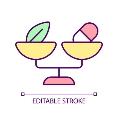 Bitkisel ve sentetik ilaç RGB renk ikonu. İlaçların terapi etkisi. Sağlık hizmetleri yaklaşıyor. İzole vektör çizimi. Basit bir çizgi çizimi. Düzenlenebilir felç. Kullanılan Arial yazı tipi