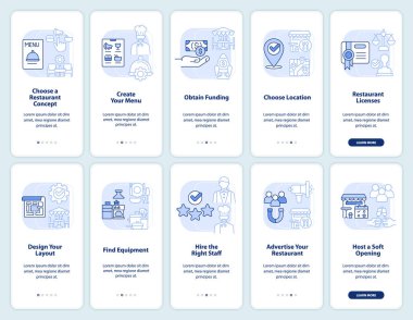 Popüler restoran fikirleri seyyar uygulama ekranında açık mavi renkte. Doğrusal kavramlarla düzenlenebilir grafik yönergelerini 5 adımda gezdir. UI, UX, GUI şablonu. Kullanılan sayısız Pro-Kalın, Düzenli yazı tipleri