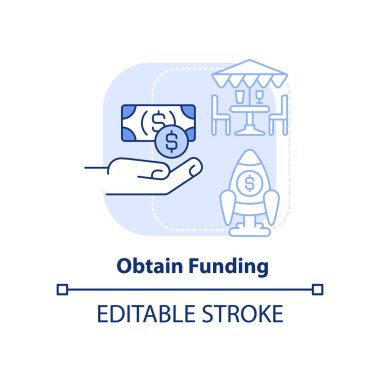 Açık mavi konsept ikonu elde etmek. Restoran seyahatine başla soyut fikir ince çizgi çizimi. İş kredileri. İzole bir taslak çizim. Düzenlenebilir felç. Arial, Myriad Pro-Kalın yazı tipleri