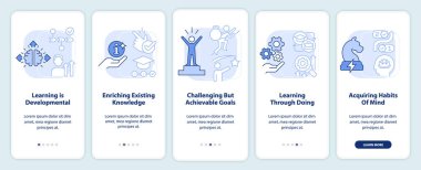 Mobil uygulama ekranında açık mavi kavramları öğreniyorum. Doğrusal kavramlarla düzenlenebilir grafik yönergelerini 5 adımda gezdir. UI, UX, GUI şablonu. Kullanılan sayısız Pro-Kalın, Düzenli yazı tipleri