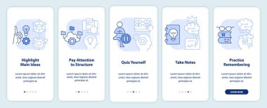 Mobil uygulama ekranında açık mavi öğrenme ve ezberleme teknikleri. Doğrusal kavramlarla birlikte düzenlenebilir 5 adımda yürü. UI, UX, GUI şablonu. Kullanılan sayısız Pro-Kalın, Düzenli yazı tipleri