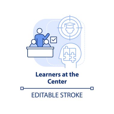 Merkezdeki öğrenciler açık mavi konsept ikonu. Öğrenci odaklı eğitim. Soyut fikir ince çizgi çizimi öğreniyorum. İzole bir taslak çizim. Düzenlenebilir felç. Arial, Myriad Pro-Kalın yazı tipleri