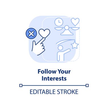 İlgi alanlarınızı takip edin, açık mavi konsept simgesi. Seni neyin heyecanlandırdığını öğren. Soyut fikir ince çizgi çizimi öğreniyorum. İzole bir taslak çizim. Düzenlenebilir felç. Arial, Myriad Pro-Kalın yazı tipleri