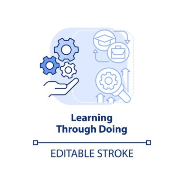 Açık mavi konsept simgesi yaparak öğreniyorum. Bilgiyi uygula. Soyut fikir ince çizgi çizimi öğreniyorum. İzole bir taslak çizim. Düzenlenebilir felç. Arial, Myriad Pro-Kalın yazı tipleri