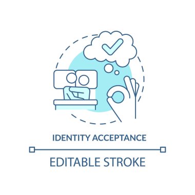 Kimlik kabulü turkuaz konsept simgesi. Cinsel yönelim. Soyut fikir ince çizgi çiziminin ortaya çıkma aşaması. İzole bir taslak çizim. Düzenlenebilir felç. Arial, Myriad Pro-Kalın yazı tipleri
