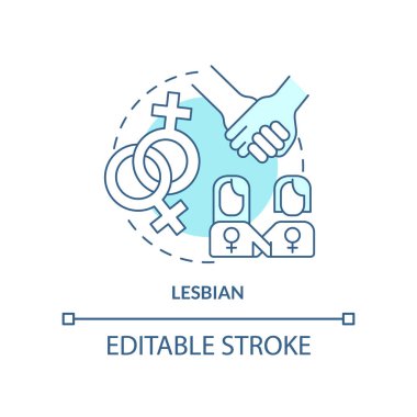 Lezbiyen turkuaz konsept ikonu. Aynı cinsiyetten bir kadın. Kimlik. LGBT üyesi soyut fikir ince çizgi çizimi. İzole bir taslak çizim. Düzenlenebilir felç. Arial, Myriad Pro-Kalın yazı tipleri