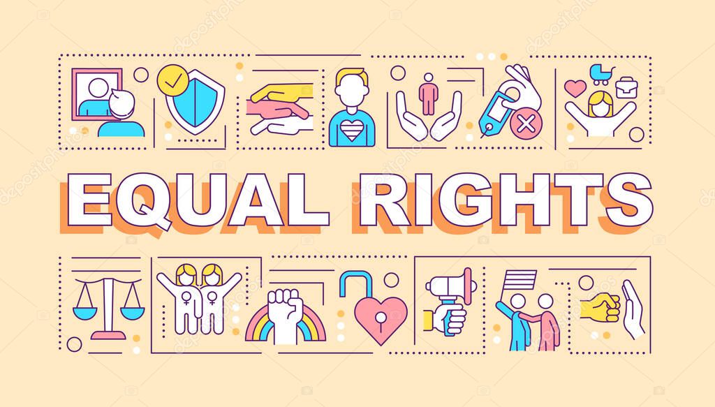 Equal rights word concepts yellow banner. LGBT community. Infographics with editable icons on color background. Isolated typography. Vector illustration with text. Arial-Black font used