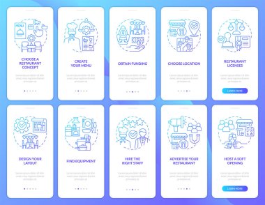 Mobil uygulama ekranında restoran fikirleri mavi gradyan seçiliyor. Çizgisel kavramlarla birlikte 5 adımlık grafik talimatları gözden geçir. UI, UX, GUI şablonu. Kullanılan sayısız Pro-Kalın, Düzenli yazı tipleri