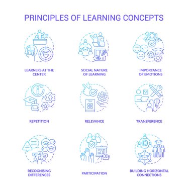 Mavi gradyan konsept simgelerini öğrenme ilkeleri. Sağlıklı bir ortam. Bilgi edinme fikri ince çizgi renkli çizimler. İzole semboller. Kullanılan Roboto-Orta, Myriad Pro-Kalın yazı tipleri
