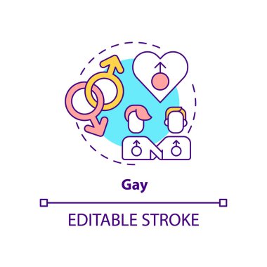 Gay konsept ikonu. Erkek, aynı cinsiyetten. Cinsel yönelim. LGBT topluluk üyesi soyut fikir ince çizgi çizimi. İzole bir taslak çizim. Düzenlenebilir felç. Arial, Myriad Pro-Kalın yazı tipleri
