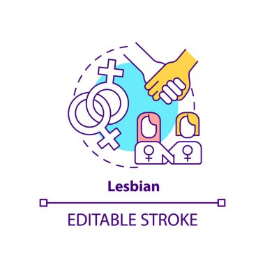 Lezbiyen konsept ikonu. Aynı cinsiyetten bir kadın. Cinsel kimlik. LGBT üyesi soyut fikir ince çizgi çizimi. İzole bir taslak çizim. Düzenlenebilir felç. Arial, Myriad Pro-Kalın yazı tipleri