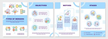 İşletme şirketleri mavi broşürleri birleştiriyor. Bütünleşme. Çizgisel simgeli broşür tasarımı. Sunum için düzenlenebilir 4 vektör düzeni, yıllık raporlar. Arial-Black, Kullanılan Myriad Pro-Normal yazı tipleri