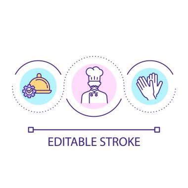 Profesyonel şef döngü konsepti ikonu. Özelleştirilmiş yemek hazırlama fikri soyut ince çizgi çizimi. Mutfak profesyoneli. Güzel yemek. İzole bir taslak çizim. Düzenlenebilir felç. Kullanılan Arial yazı tipi