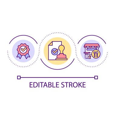 Restoran işletme lisans döngüsü konsepti. Yemek servisi için izin al soyut fikir çizgisi çizimi için. İzole bir taslak çizim. Düzenlenebilir felç. Kullanılan Arial yazı tipi