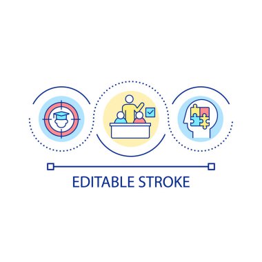 Öğrencilerin döngü konsepti simgesine odaklanıyorum. Sağlıklı öğrenme ortamı. Soyut fikir incelenmesi prensipleri ince çizgi çizimi. İzole bir taslak çizim. Düzenlenebilir felç. Kullanılan Arial yazı tipi