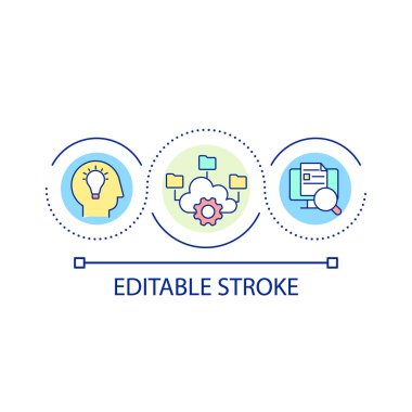 Bilgi materyali ve bilgi döngüsü konsepti ikonu yapısı. Prensip ve teknik soyut fikir ince çizgi çizimi. İzole bir taslak çizim. Düzenlenebilir felç. Kullanılan Arial yazı tipi