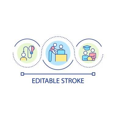 Döngü konsepti ikonu öğretiliyor. Öğrendiklerinizi başkalarıyla paylaşın. Soyut fikir ince çizgi illüstrasyonunu öğreniyorum. İzole bir taslak çizim. Düzenlenebilir felç. Kullanılan Arial yazı tipi