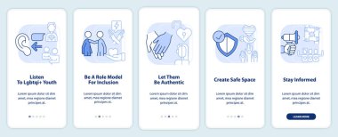 Mobil uygulama ekranında LGBT gençlik açık mavi desteği. Doğrusal kavramlarla düzenlenebilir grafik yönergelerini 5 adımda gezdir. UI, UX, GUI şablonu. Kullanılan sayısız Pro-Kalın, Düzenli yazı tipleri
