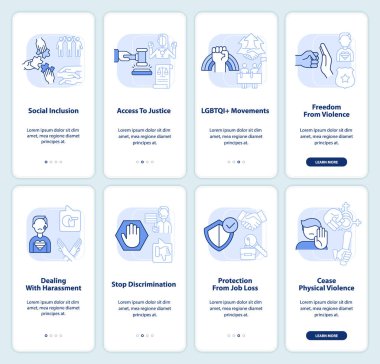 LGBT sorunları ve açık mavi mobil uygulama ekran setini destekleyin. Doğrusal kavramlarla düzenlenebilir grafik yönergelerini dört adımda gözden geçir. UI, UX, GUI şablonu. Kullanılan sayısız Pro-Kalın, Düzenli yazı tipleri