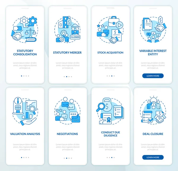 Consolidation Entreprise Bleu Onboarding Mobile App Screen Set Marche Travers — Image vectorielle