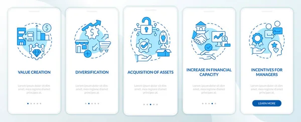 Motives Mergers Blue Onboarding Mobile App Screen Consolidation Walkthrough Steps — Stock Vector