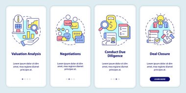 Gezici uygulama ekranında birleşme aşamaları. İşletme konsolidasyonu, doğrusal kavramlarla birlikte düzenlenebilir grafik yönergelerini dört adımda gözden geçirir. UI, UX, GUI şablonu. Kullanılan sayısız Pro-Kalın, Düzenli yazı tipleri