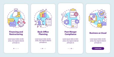 İş birleşme aşamaları mobil uygulama ekranında. Kurumsal yürüme 4 adım düzenlenebilir grafik talimatları doğrusal kavramlarla. UI, UX, GUI şablonu. Kullanılan sayısız Pro-Kalın, Düzenli yazı tipleri