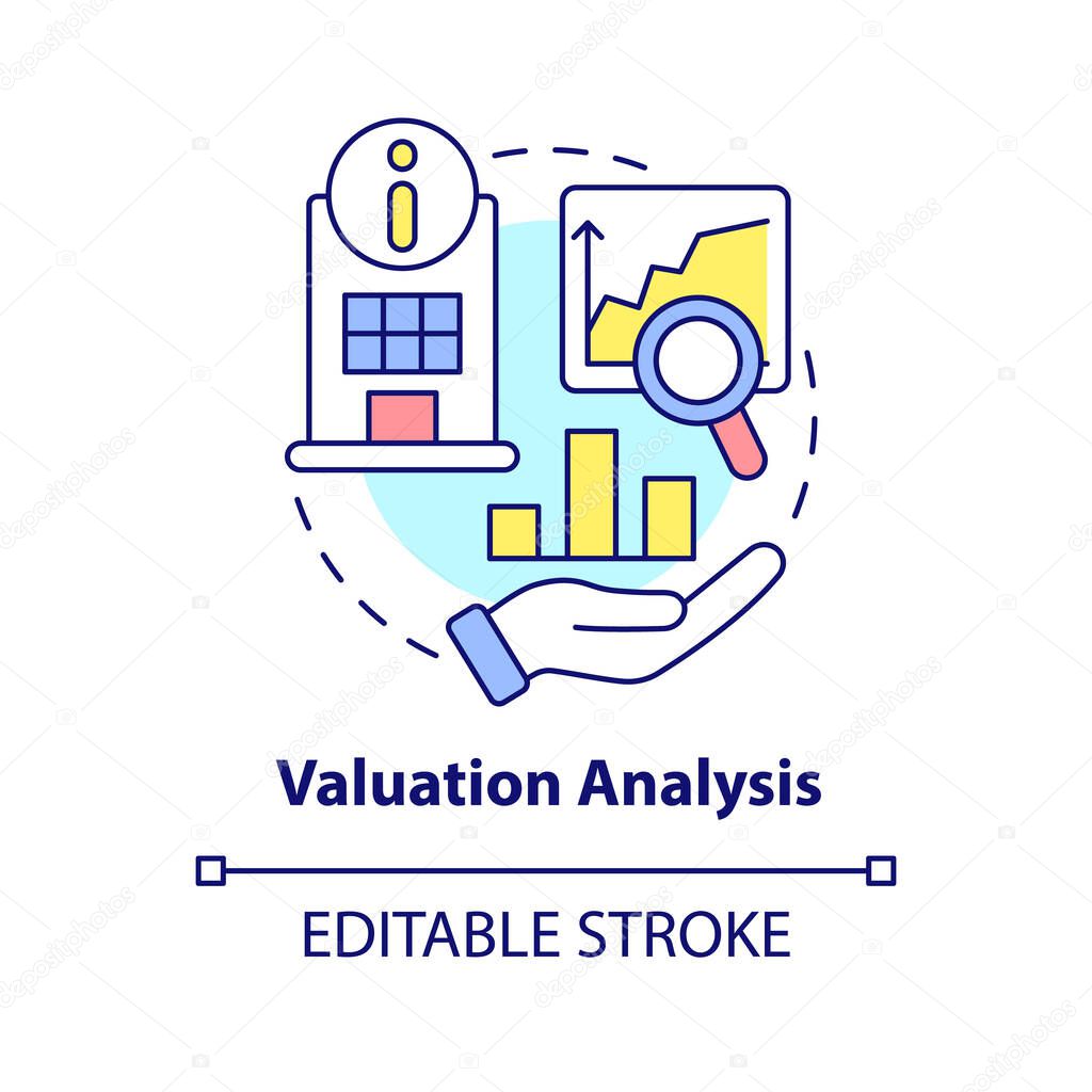 Valuation analysis concept icon. Company research. Stage of merger abstract idea thin line illustration. Isolated outline drawing. Editable stroke. Arial, Myriad Pro-Bold fonts used