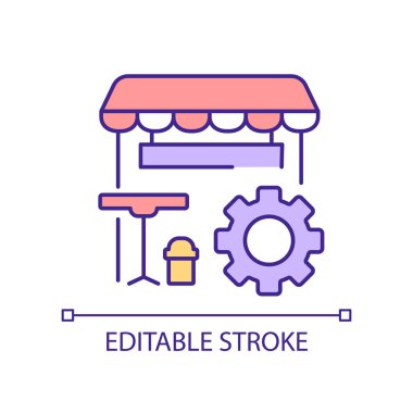 Restoran tasarımı RGB renk simgesi geliştiriliyor. Kafenin içini yeniden tasarla. Yemek tecrübesi. Kat planı değiştiriliyor. İzole vektör çizimi. Basit bir çizgi çizimi. Düzenlenebilir felç. Kullanılan Arial yazı tipi