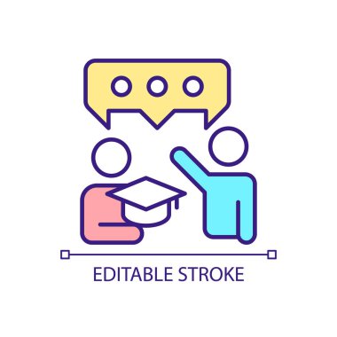 Öğrenci ve öğretmen iletişimi RGB renk simgesi. Öğretmen desteği. Öğrenci sorularını cevaplıyorum. İzole vektör çizimi. Basit bir çizgi çizimi. Düzenlenebilir felç. Kullanılan Arial yazı tipi