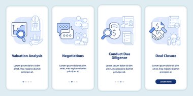 Gezici uygulama ekranında açık mavi birleşme aşamaları. Doğrusal kavramlarla birlikte 4 adımlık düzenlenebilir grafik talimatları. UI, UX, GUI şablonu. Kullanılan sayısız Pro-Kalın, Düzenli yazı tipleri