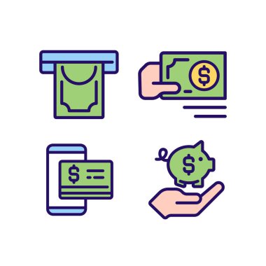 İşletme finansmanı piksel yöneticiliği mükemmel RGB renk simgeleri seti. Para çekilmesi. Ödeme nakit. Temassız ödeme. İzole vektör çizimleri. Basit çizgi çizimleri koleksiyonu. Düzenlenebilir vuruş