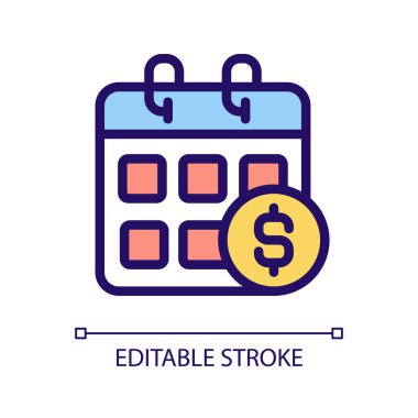 Maaş pikseli mükemmel RGB renk simgesi. Aylık gelir. Düzenli maaş çeki. Yıllık kazanç çizelgesi. Ücretli izin. İzole vektör çizimi. Basit bir çizgi çizimi. Düzenlenebilir felç. Kullanılan Arial yazı tipi